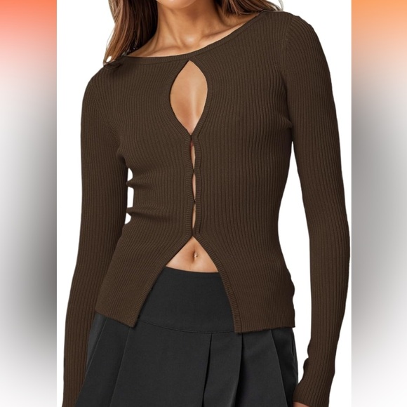 Women’s ribbed brown front clasp shirt Y2K - Picture 1 of 4